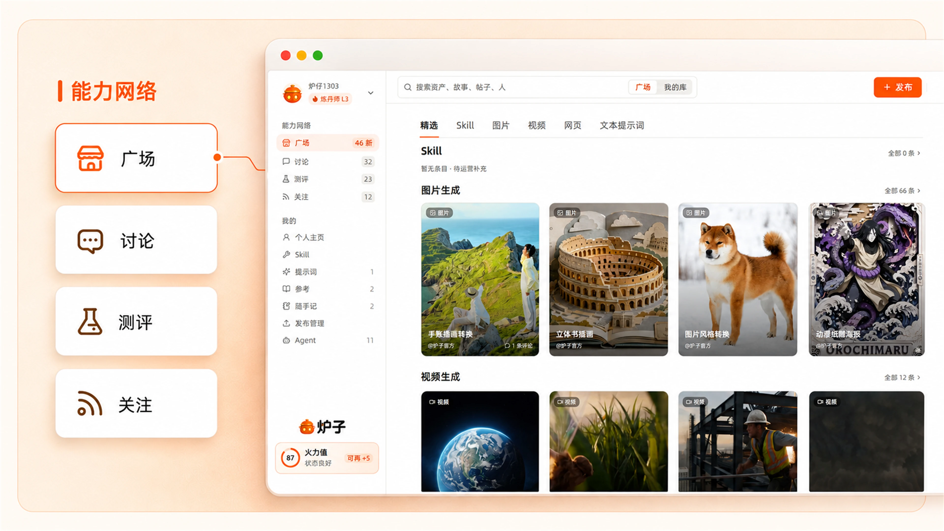 炉子能力网络产品展示，左侧包含广场、讨论、测评和关注入口，右侧展示能力广场内容